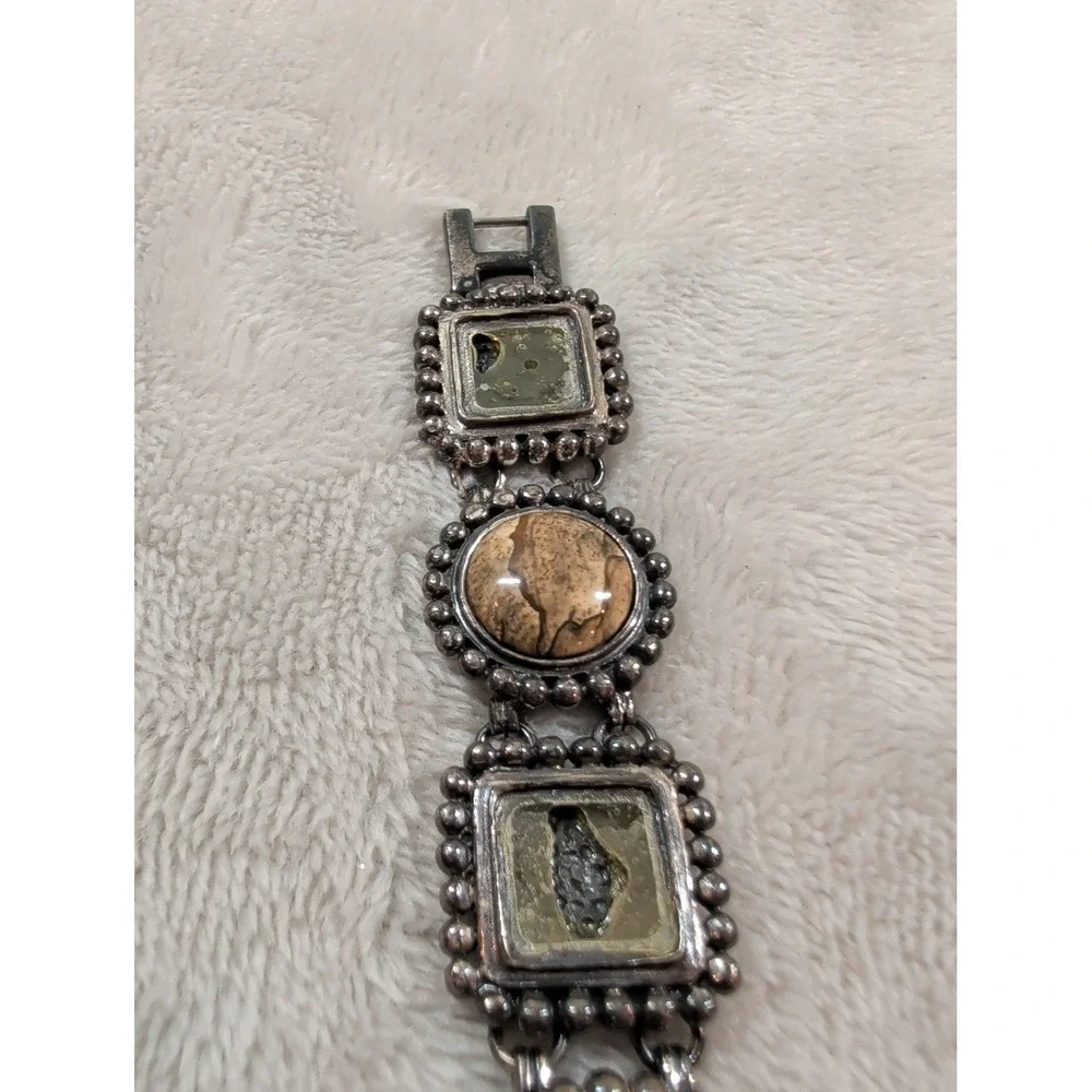 Vintage Mixed Stone Panel Bracelet Watch Silver Tone Japan‎ Quartz Boho Style